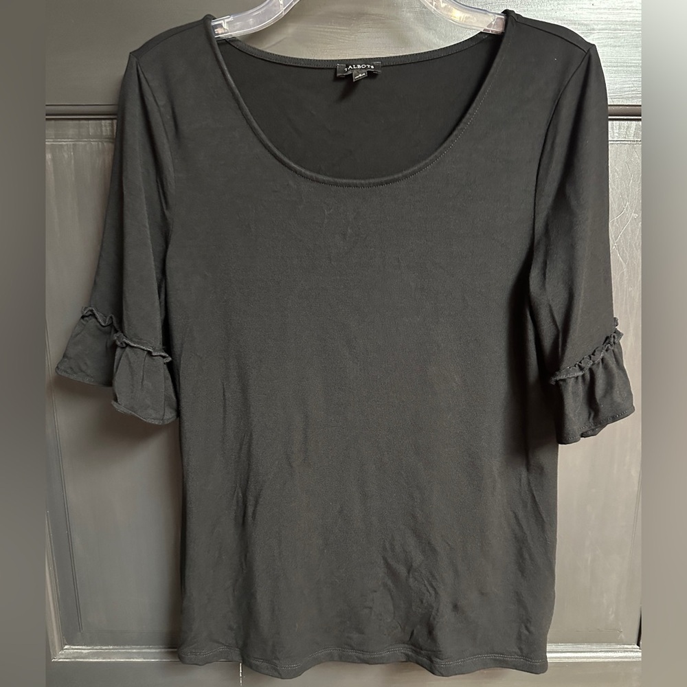 Talbots Black Elbow Ruffle Sleeve Scoop Neck Top Women’s Size Small